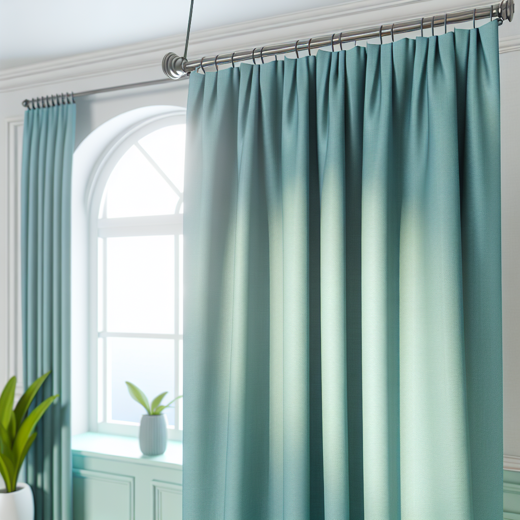 Rideau bleu clair en tissu épais avec plis réguliers, suspendu à une tringle métallique dans une pièce lumineuse avec plante et fenêtre c...