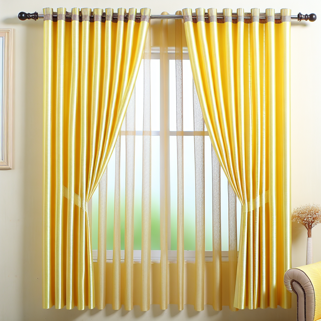 Rideau jaune vif à rayures verticales, plis réguliers, tringle métallique noire, dans une pièce aux murs crème avec fenêtre centrale.