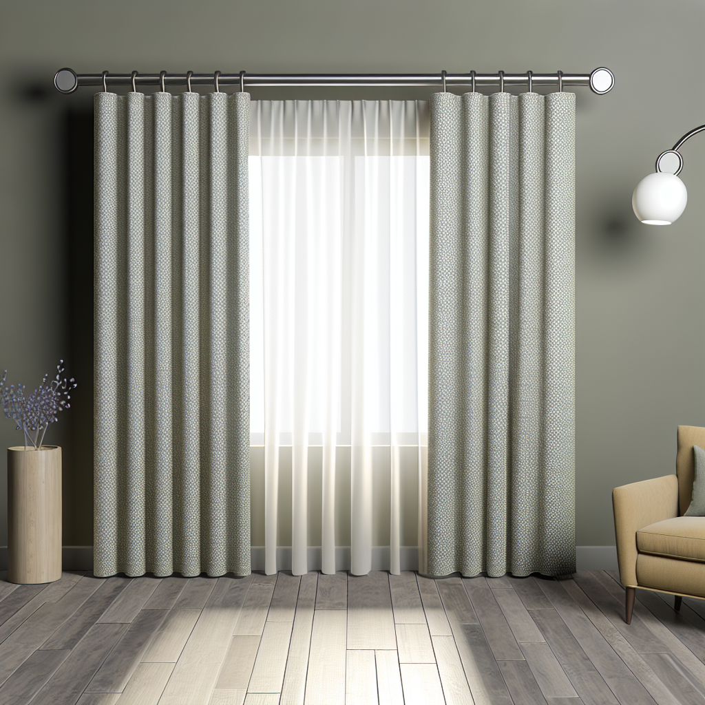 Rideau en tissu gris à motifs discrets, plis réguliers, tringle métallique, lumière douce, dans un salon moderne avec sol en bois.