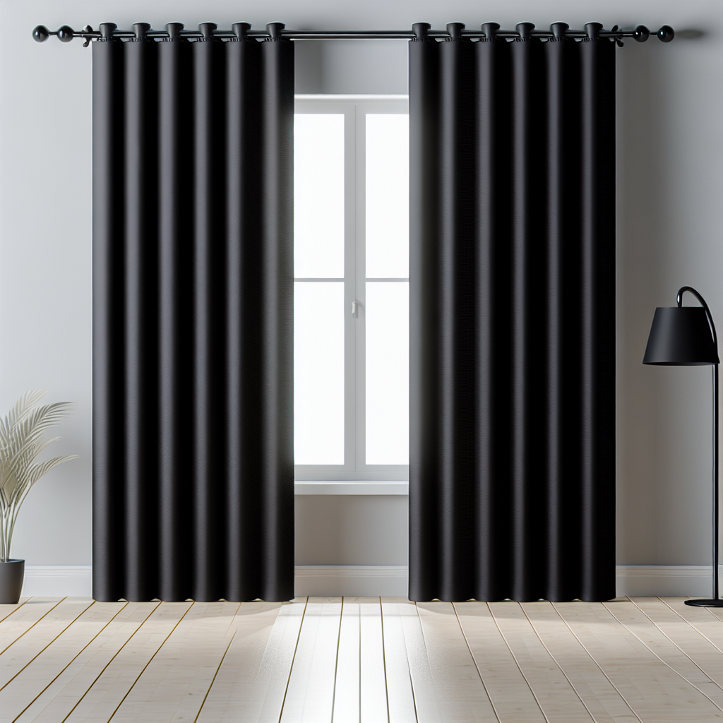 Rideau noir uni en tissu épais avec plis réguliers, suspendu à une tringle noire dans une pièce aux murs gris et sol en bois clair.
