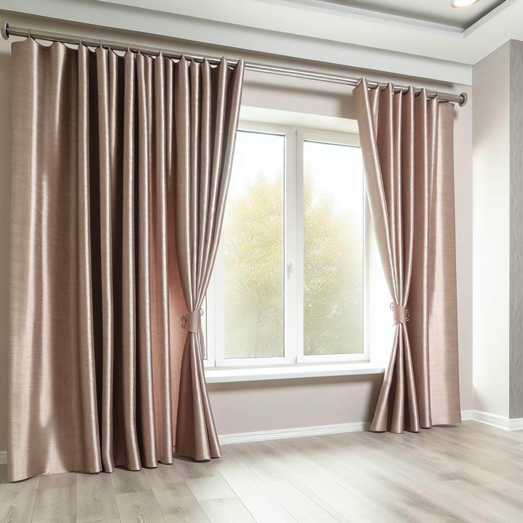 Rideau en tissu satiné rose pâle avec plis réguliers, tringle métallique, dans une pièce lumineuse avec parquet clair et fenêtre blanche.