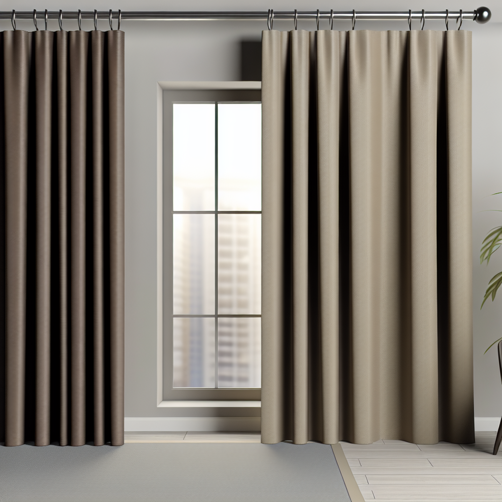 Rideau en tissu épais marron et beige avec plis droits, tringle métallique, dans une pièce lumineuse avec sol clair et plante verte.