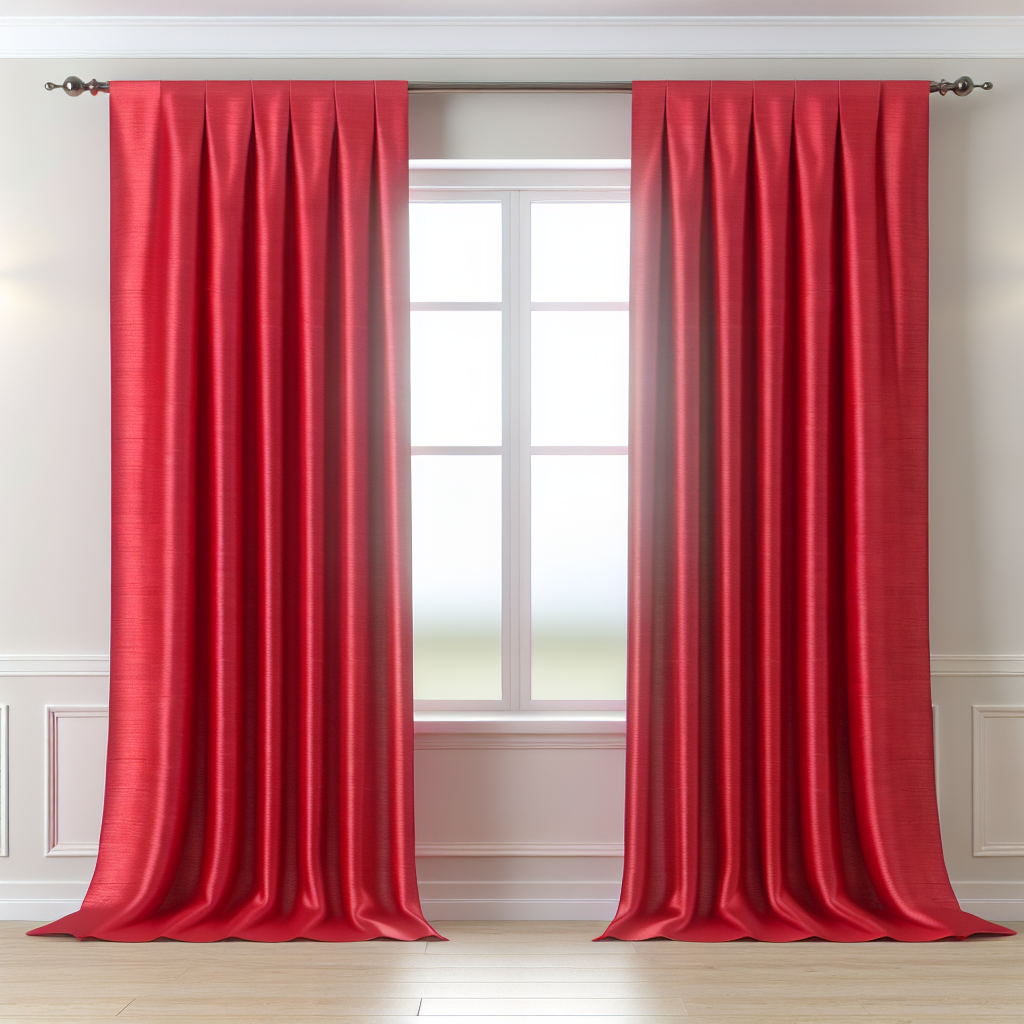 Rideau rouge vif en tissu lisse avec plis droits, suspendu à une tringle noire dans une pièce aux murs blancs et sol en bois clair.