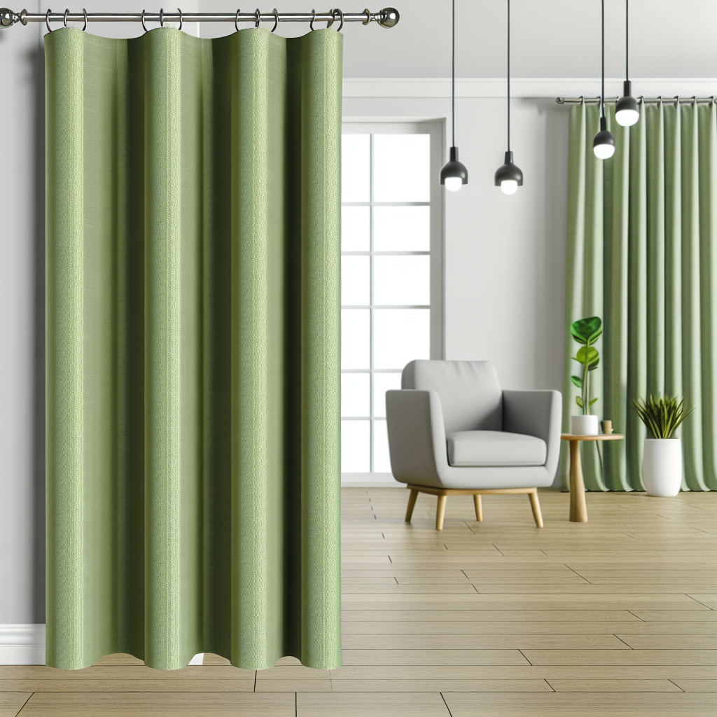 Rideau vert clair en tissu texturé avec plis ondulés, suspendu à une tringle métallique dans un salon moderne avec fauteuil gris et plantes.