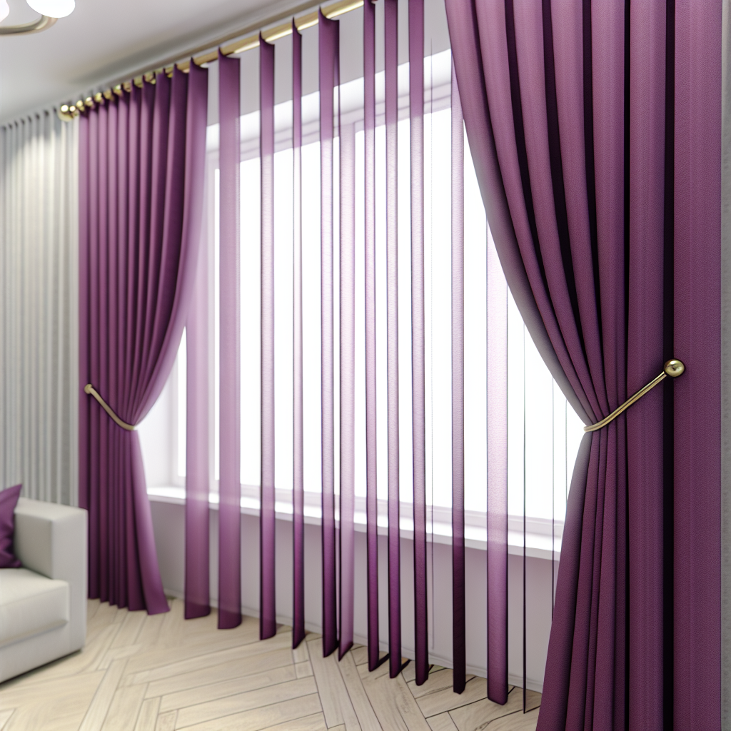 Rideau violet en tissu épais avec plis marqués, tringle dorée, dans un salon moderne avec parquet clair et canapé blanc.