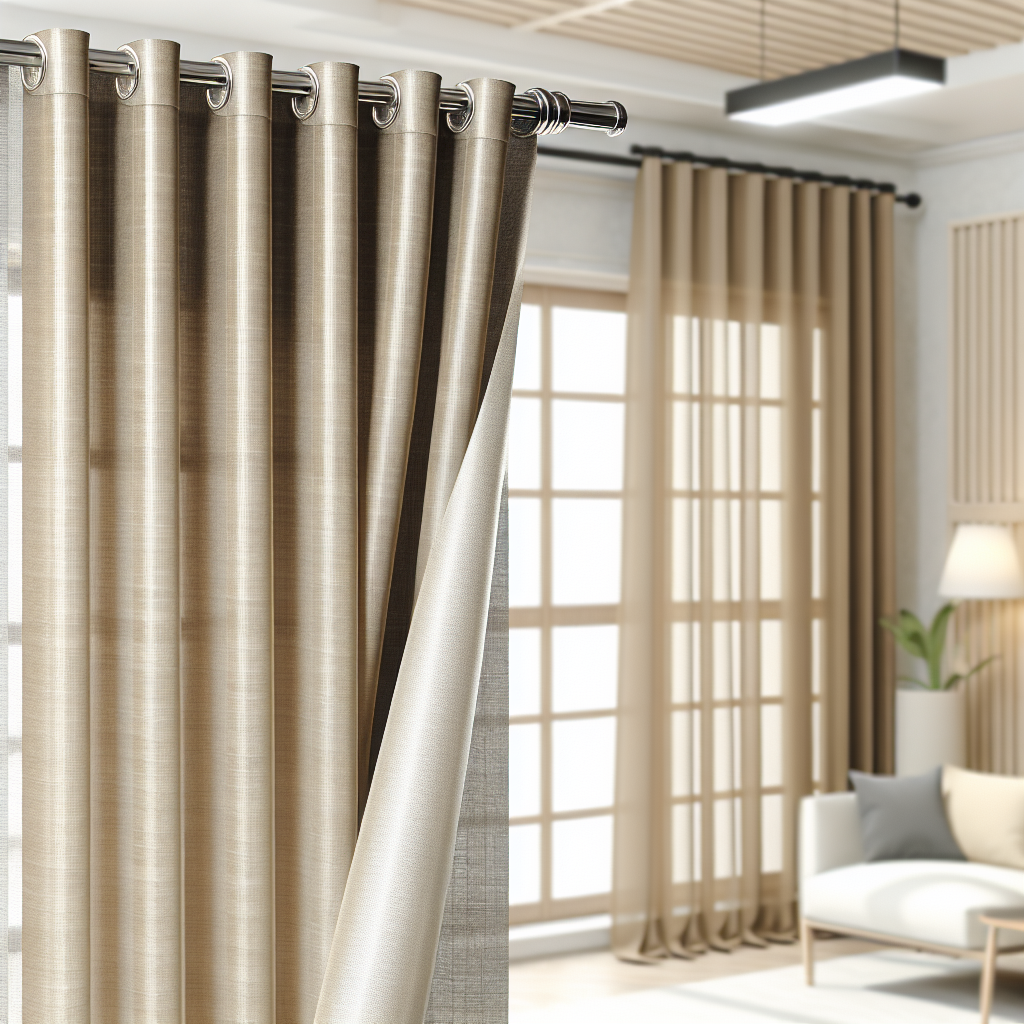 Rideau beige en tissu texturé avec plis réguliers, suspendu à une tringle métallique dans un salon moderne éclairé naturellement.