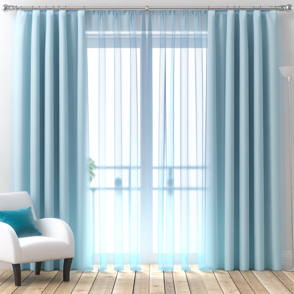 Rideau bleu clair en tissu épais avec voilage transparent, plis droits, tringle métallique, dans un salon lumineux avec sol en bois.