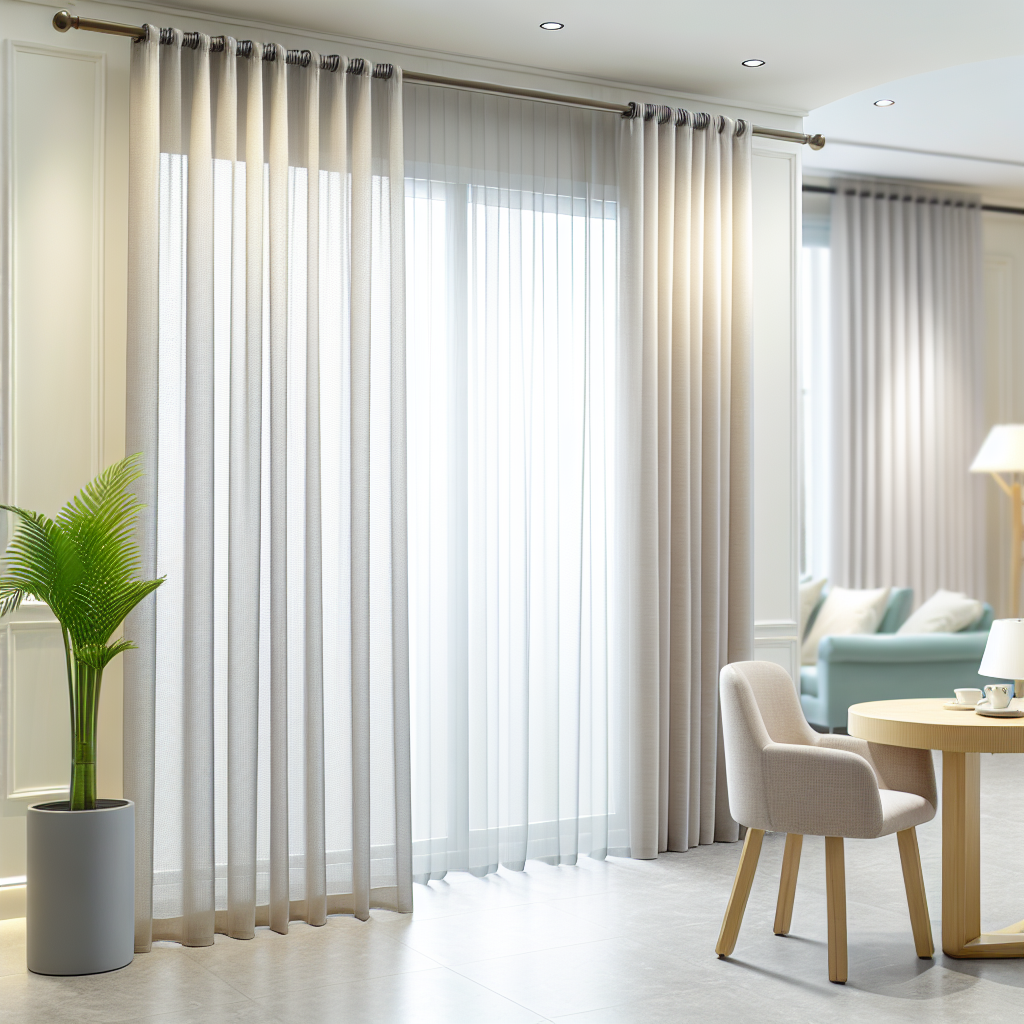 Rideau beige clair semi-transparent avec plis réguliers, tringle métallique, dans un salon moderne lumineux avec plante verte et mobilier...