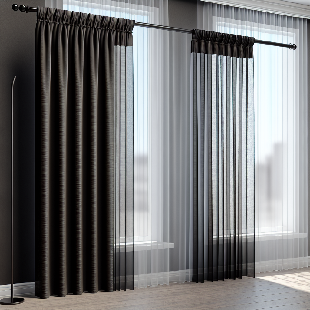 Rideau noir opaque à plis serrés et voilage blanc transparent, tringle noire, dans une pièce aux murs sombres et sol en bois clair.