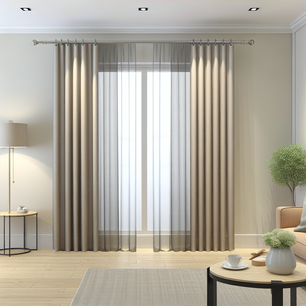 Rideau beige opaque avec voilage blanc, plis réguliers, tringle métallique, dans un salon moderne avec sol en bois clair et lumière douce.