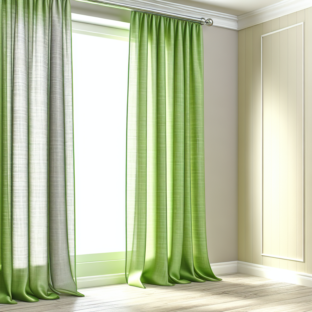 Rideau vert clair en tissu léger avec plis souples, suspendu à une tringle métallique dans une pièce aux murs beige et sol en bois clair.