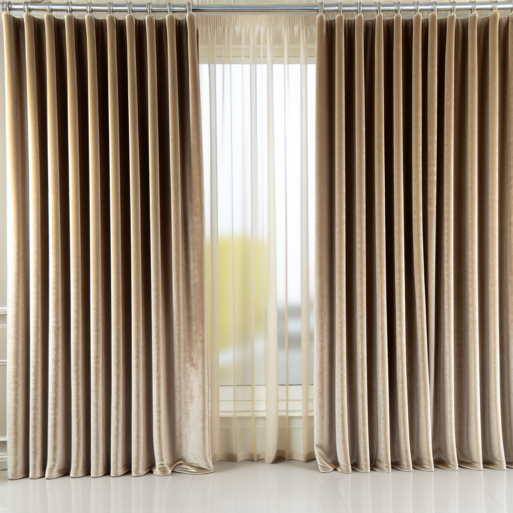 Rideau en velours beige avec plis réguliers, tringle métallique, voilage blanc derrière, sol carrelé blanc, lumière naturelle douce.