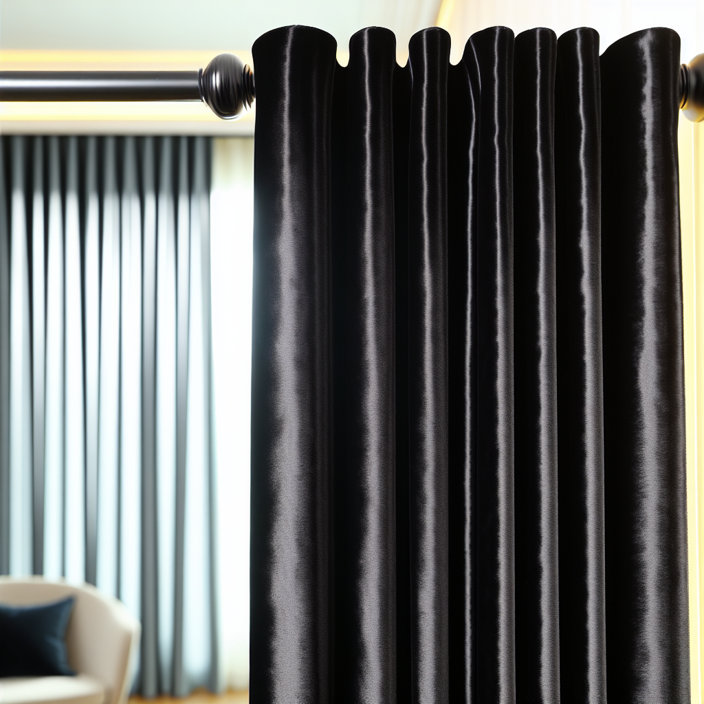 Rideau en velours noir brillant avec plis ondulés, tringle métallique noire, dans un salon avec canapé blanc et rideaux clairs en arrière...