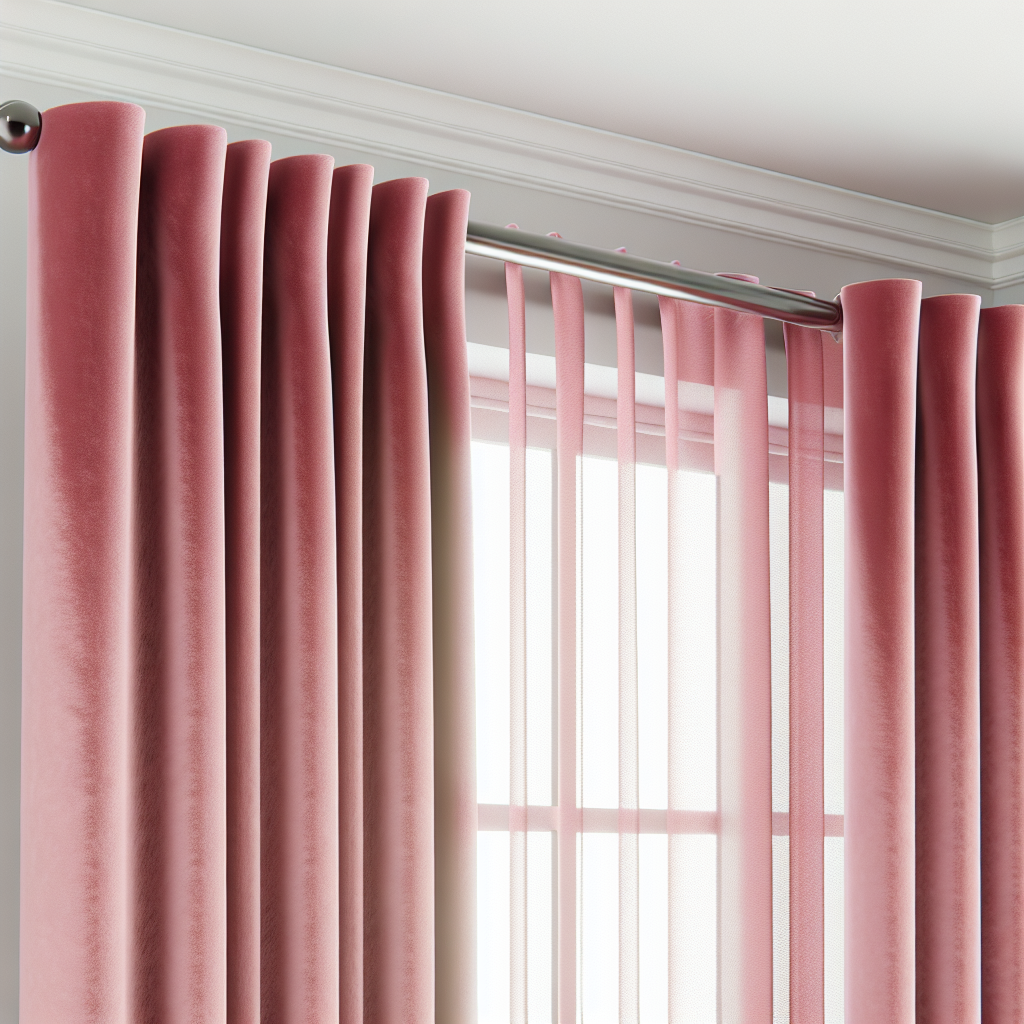 Rideau en velours rose avec plis ondulés, tringle métallique argentée, lumière douce filtrant à travers, mur blanc.