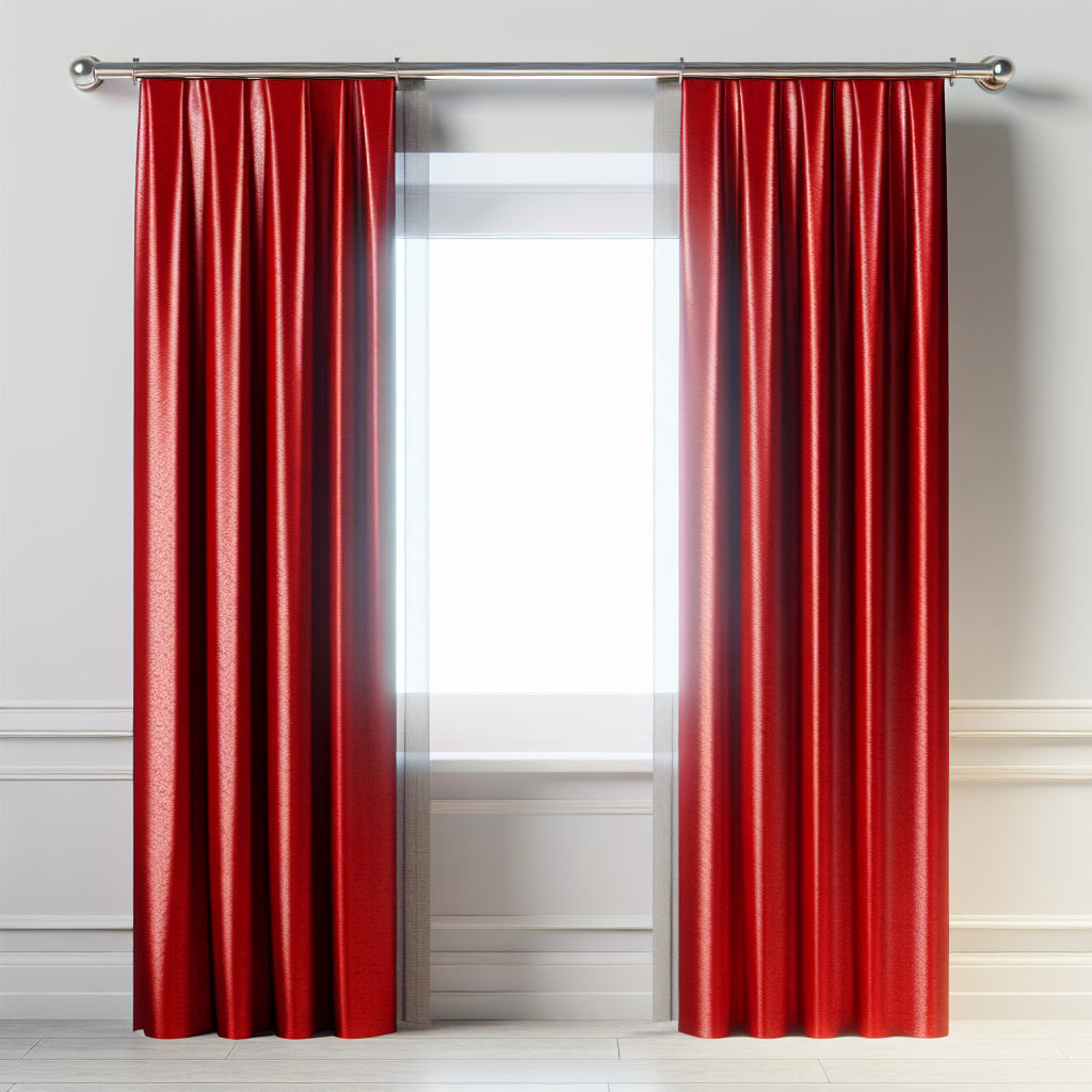 Rideau rouge brillant avec plis marqués, tringle métallique, mur blanc, sol clair, lumière vive filtrant à travers.