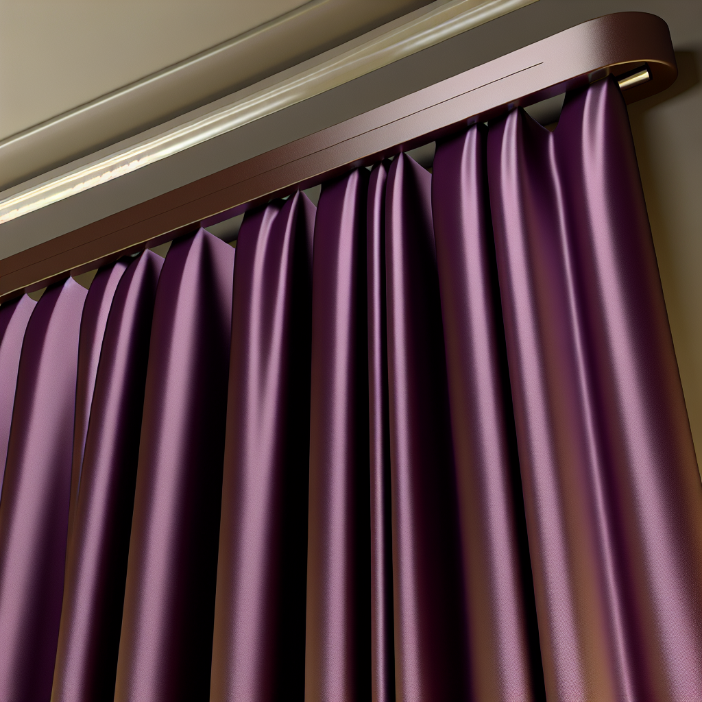 Rideau en satin violet foncé avec plis réguliers, suspendu à une tringle marron dans un intérieur aux murs clairs, éclairage doux.