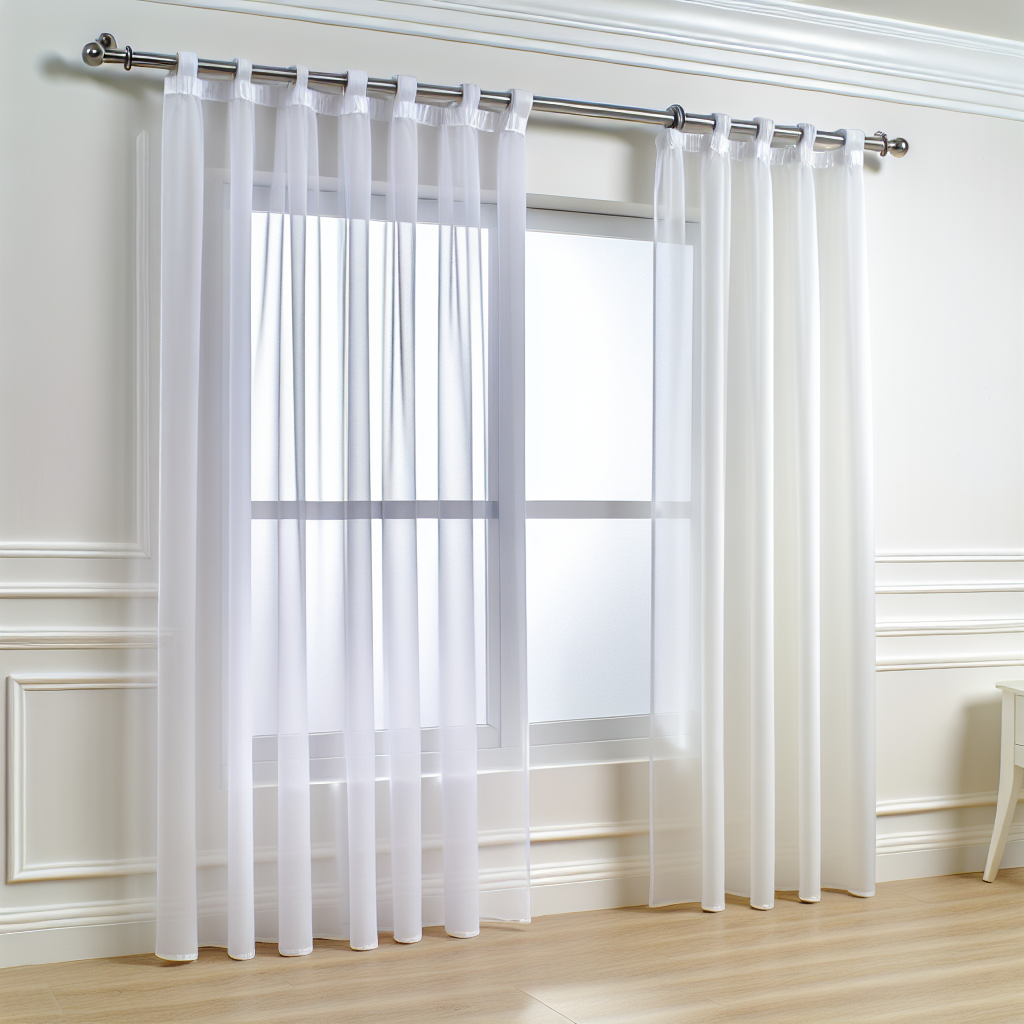 Rideau blanc transparent avec plis droits, tringle métallique, dans une pièce aux murs blancs et sol en bois clair, lumière douce.