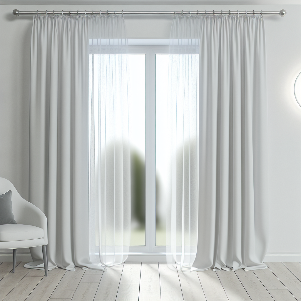 Rideau blanc opaque avec plis réguliers, tringle métallique, dans un salon lumineux aux murs blancs et sol en bois clair.