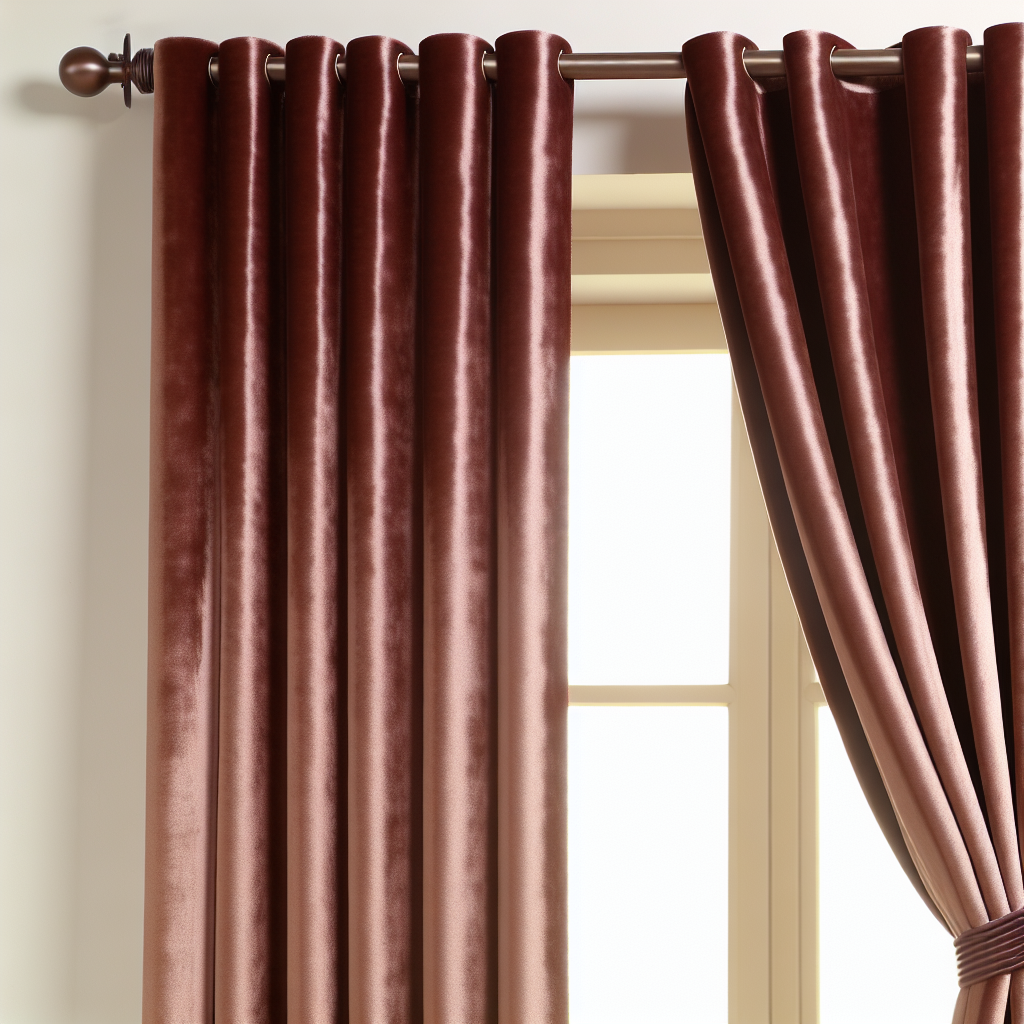 Rideau en velours marron foncé avec plis réguliers, suspendu à une tringle en bois sombre, devant une fenêtre à cadre beige.