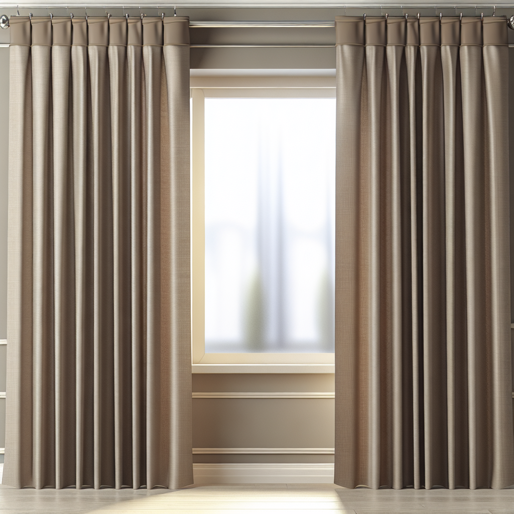 Rideau beige en tissu épais avec plis réguliers, suspendu à une tringle métallique dans une pièce aux murs et sol beige clair.