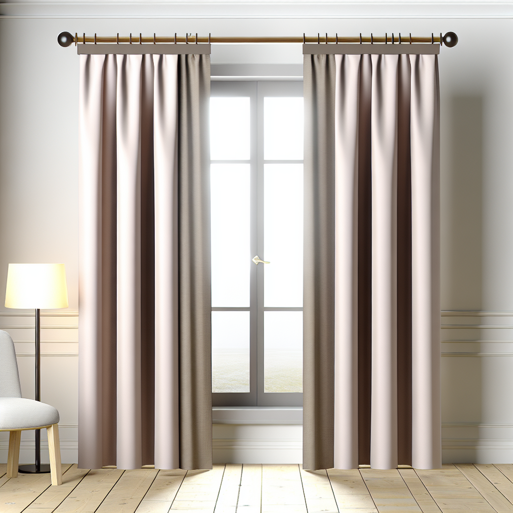 Rideau en tissu beige et taupe avec plis réguliers, suspendu à une tringle en bois foncé dans un salon lumineux avec sol en bois clair.