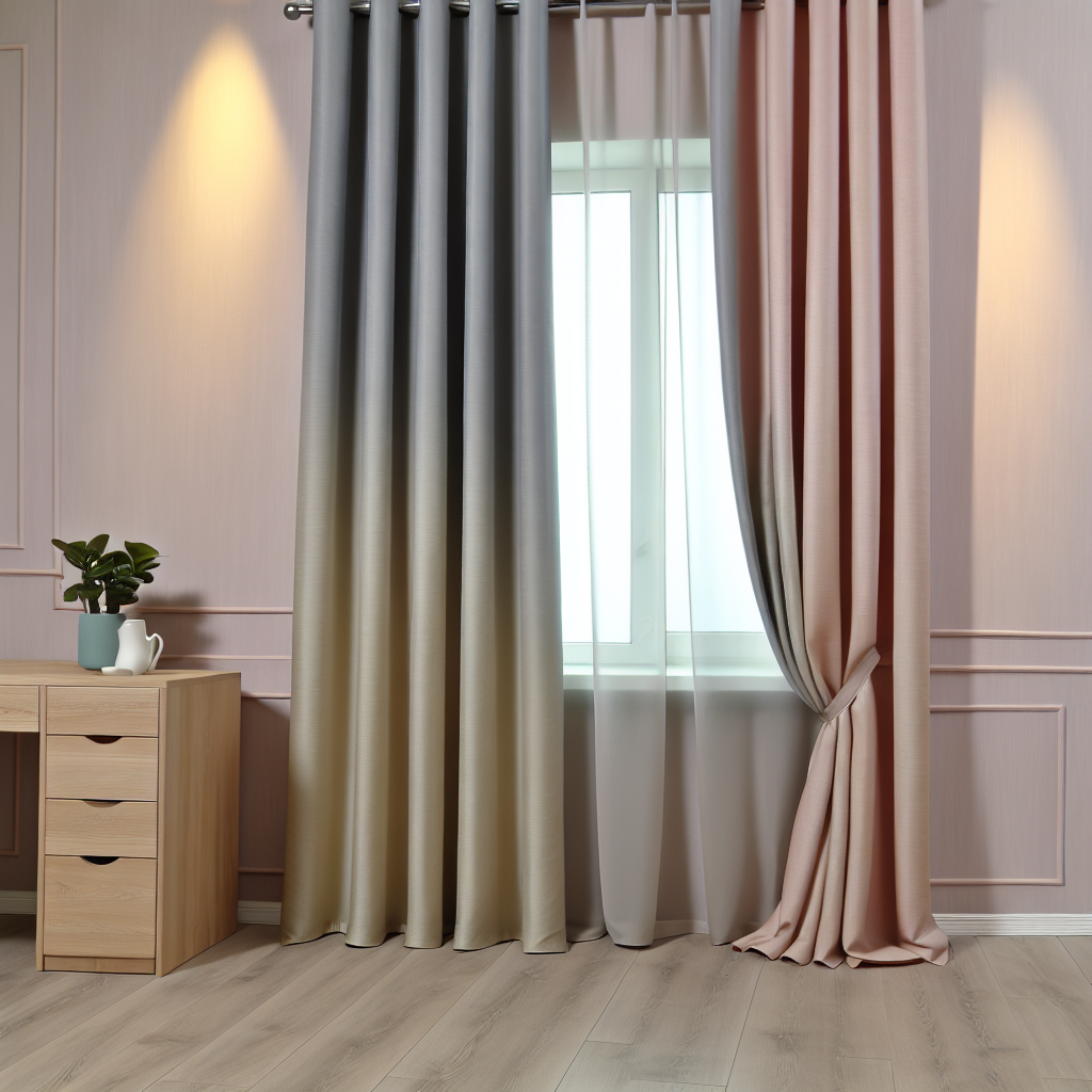 Rideau dégradé gris-beige et rose, plis droits, tringle métallique, dans pièce aux murs roses, éclairage doux, meuble en bois clair.