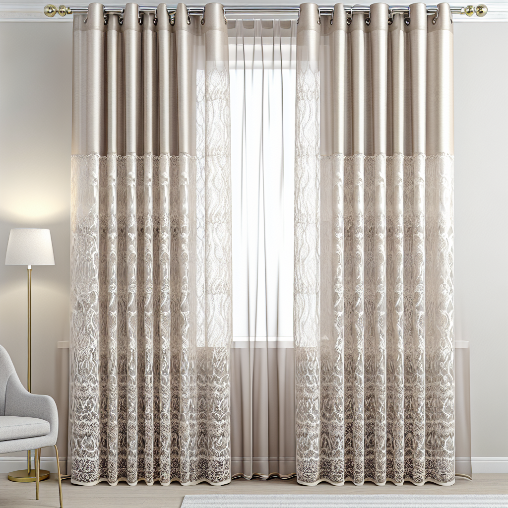 Rideau beige à motifs floraux en dentelle, plis réguliers, tringle dorée, dans un salon lumineux avec lampe et fauteuil gris.