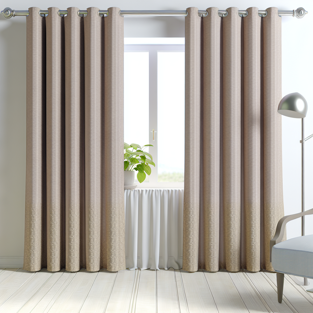 Rideau beige texturé avec plis réguliers, suspendu à une tringle argentée dans une pièce lumineuse avec plante et lampe moderne.