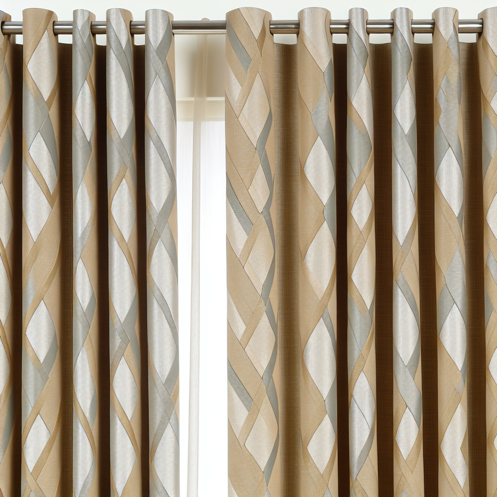 Rideau beige avec motifs géométriques argentés et gris, plis réguliers, tringle métallique, lumière douce filtrant à travers.