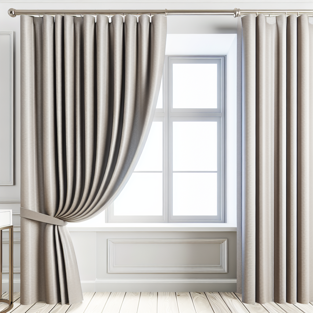 Rideau en tissu beige clair avec plis réguliers, tringle métallique, dans une pièce lumineuse aux murs blancs et sol en bois clair.