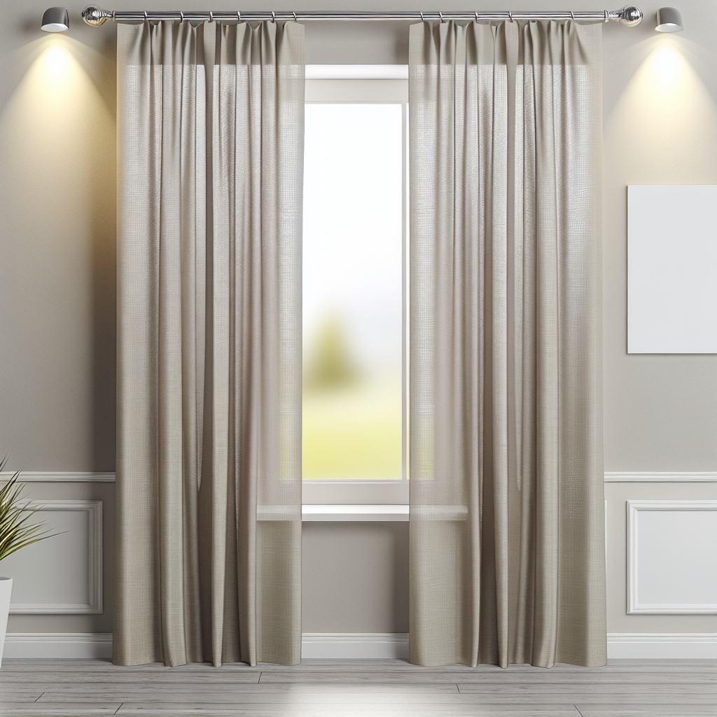 Rideau beige clair en tissu semi-transparent avec plis droits, tringle métallique, dans une pièce aux murs taupe et sol en bois clair.