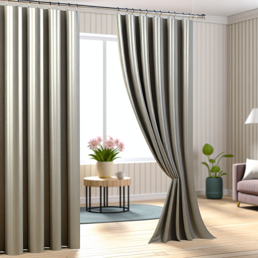 Rideau gris clair en tissu épais avec plis réguliers, suspendu à une tringle métallique dans un salon lumineux avec plantes et table basse.