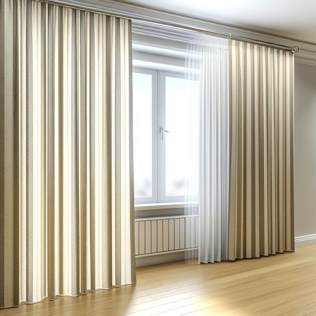 Rideau beige à motifs fins avec plis droits, tringle métallique, dans une pièce lumineuse au sol en bois clair.