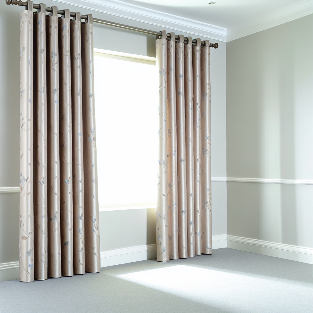 Rideau beige à motifs floraux discrets, plis réguliers, tringle métallique, dans une pièce aux murs gris clair, lumière naturelle intense.