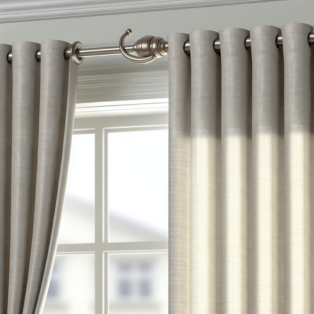 Rideau beige clair en tissu épais avec plis réguliers, suspendu à une tringle métallique argentée dans une pièce lumineuse avec fenêtre.