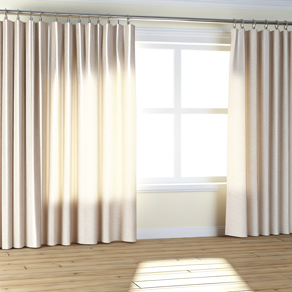 Rideau beige clair à motifs discrets, plis réguliers, tringle métallique, dans une pièce lumineuse avec parquet et fenêtre blanche.