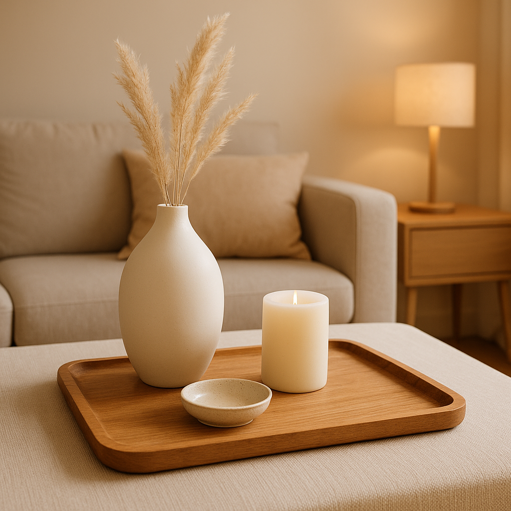 Plateau en bois naturel pour rangement élégant et déco d'intérieur moderne
