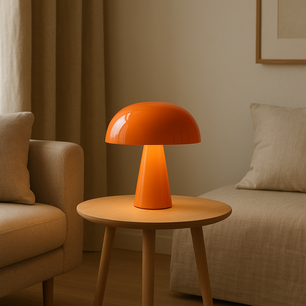 Lampe champignon orange design rétro, éclairage d'ambiance chaleureux pour votre intérieur.