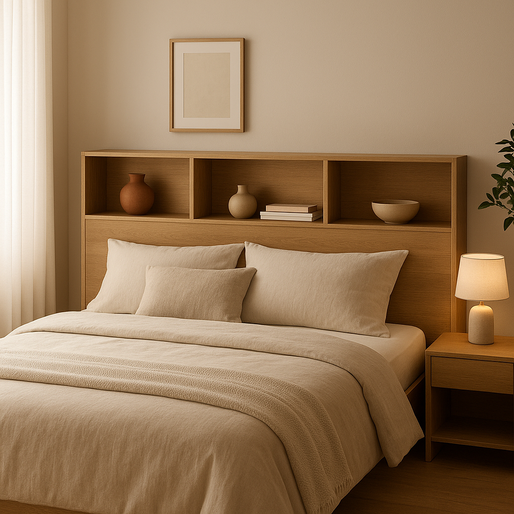 Tête de lit avec rangements intégrés en tissu, pour optimiser l'espace de votre chambre.