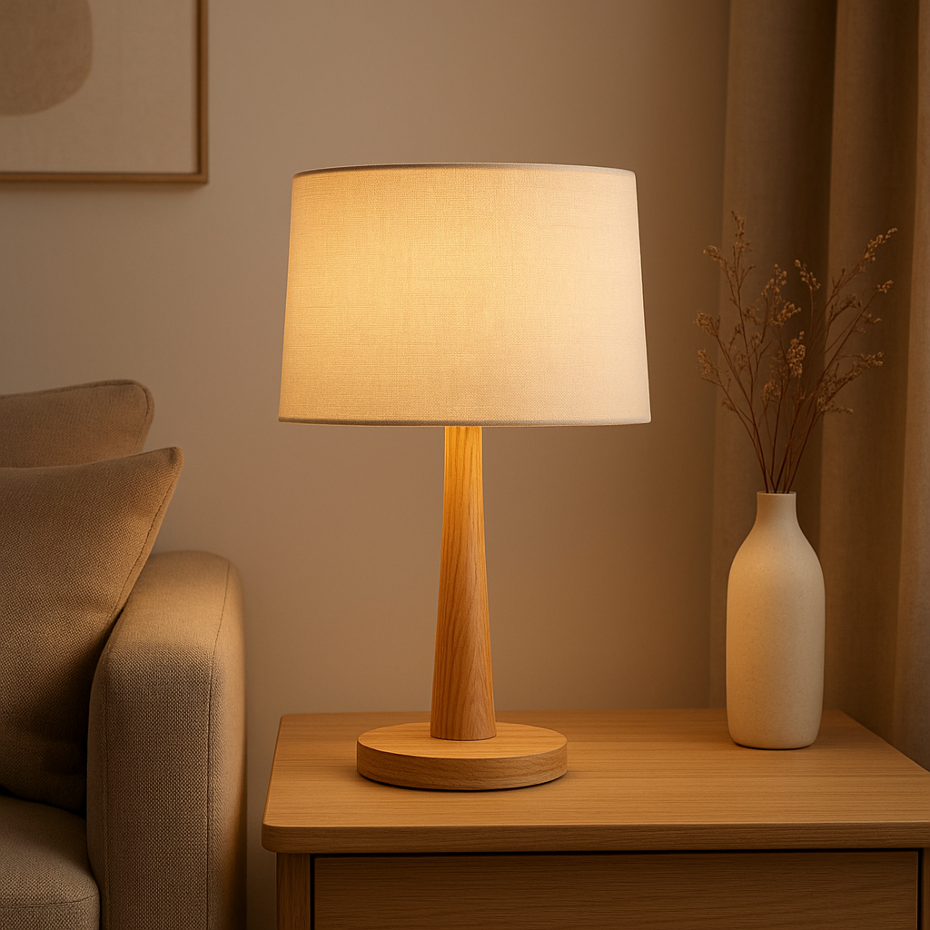 Lampe de chevet en bois naturel avec abat-jour tissu, idéale pour une décoration chaleureuse