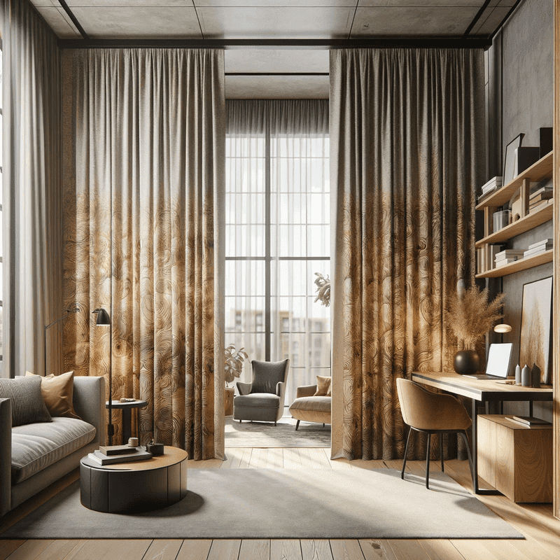 Un rideau épais et large, idéal pour diviser un espace en deux, avec des motifs géométriques simples et des couleurs apaisantes.
