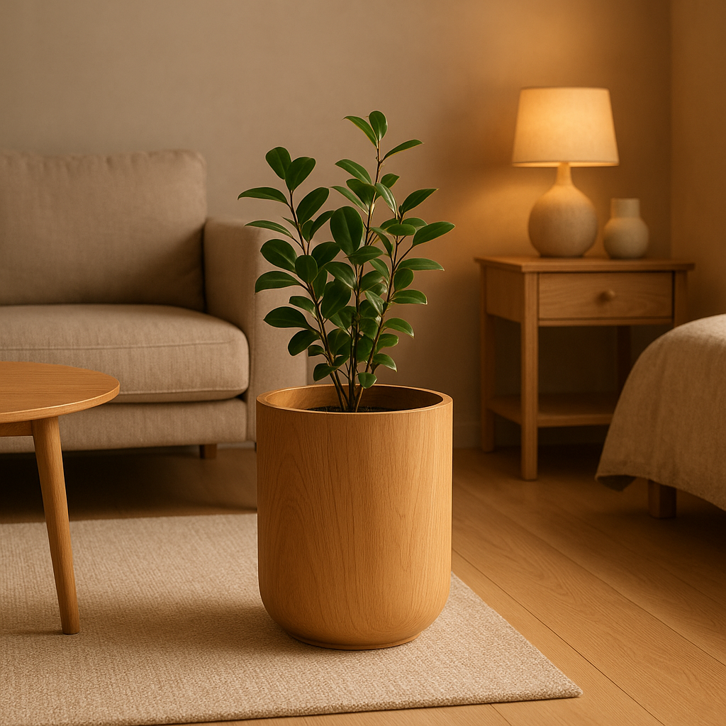 Cache-pot en bois naturel pour plantes d'intérieur, design épuré et chaleureux.