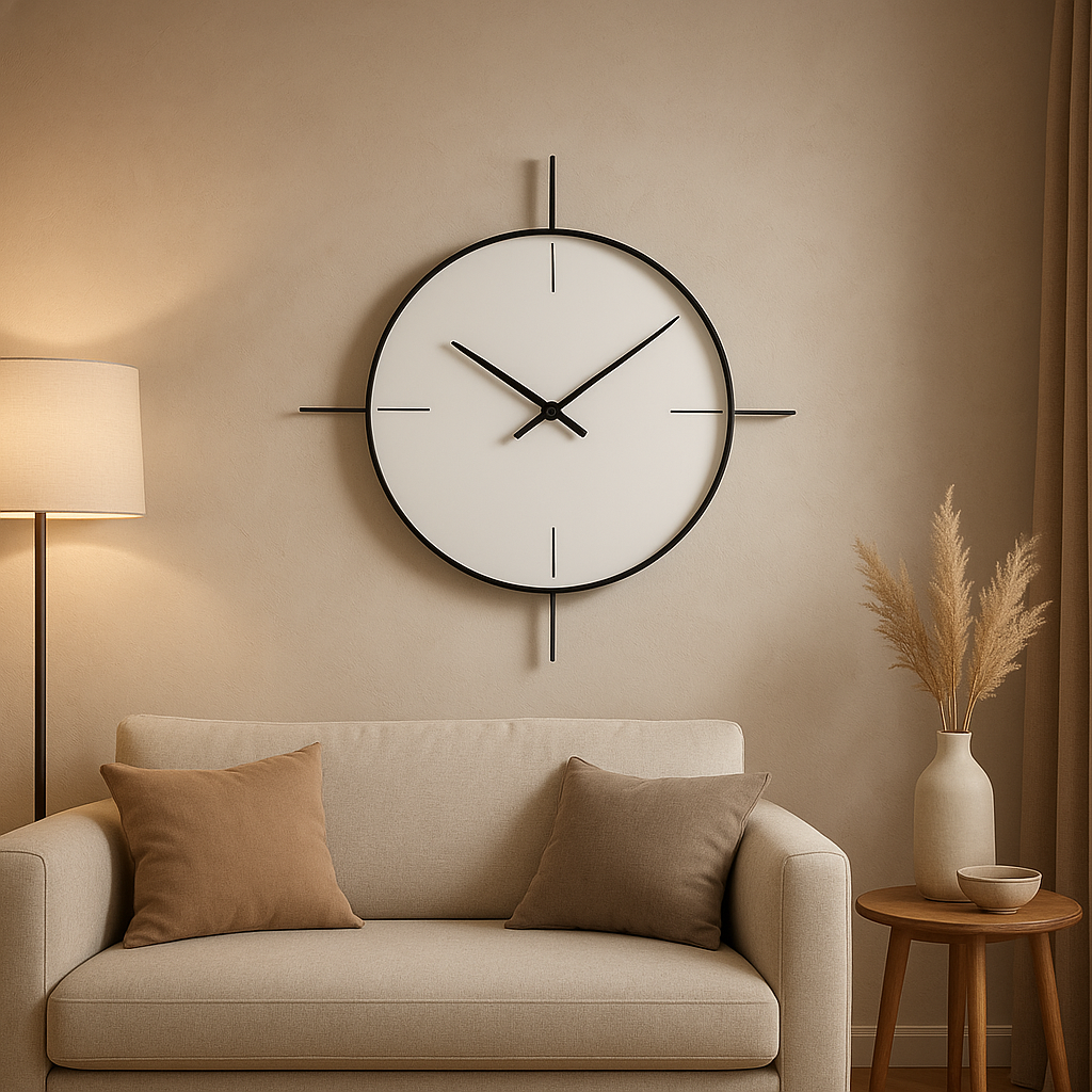 Pendule murale moderne design pour salon, avec cadran épuré et aiguilles fines en métal.