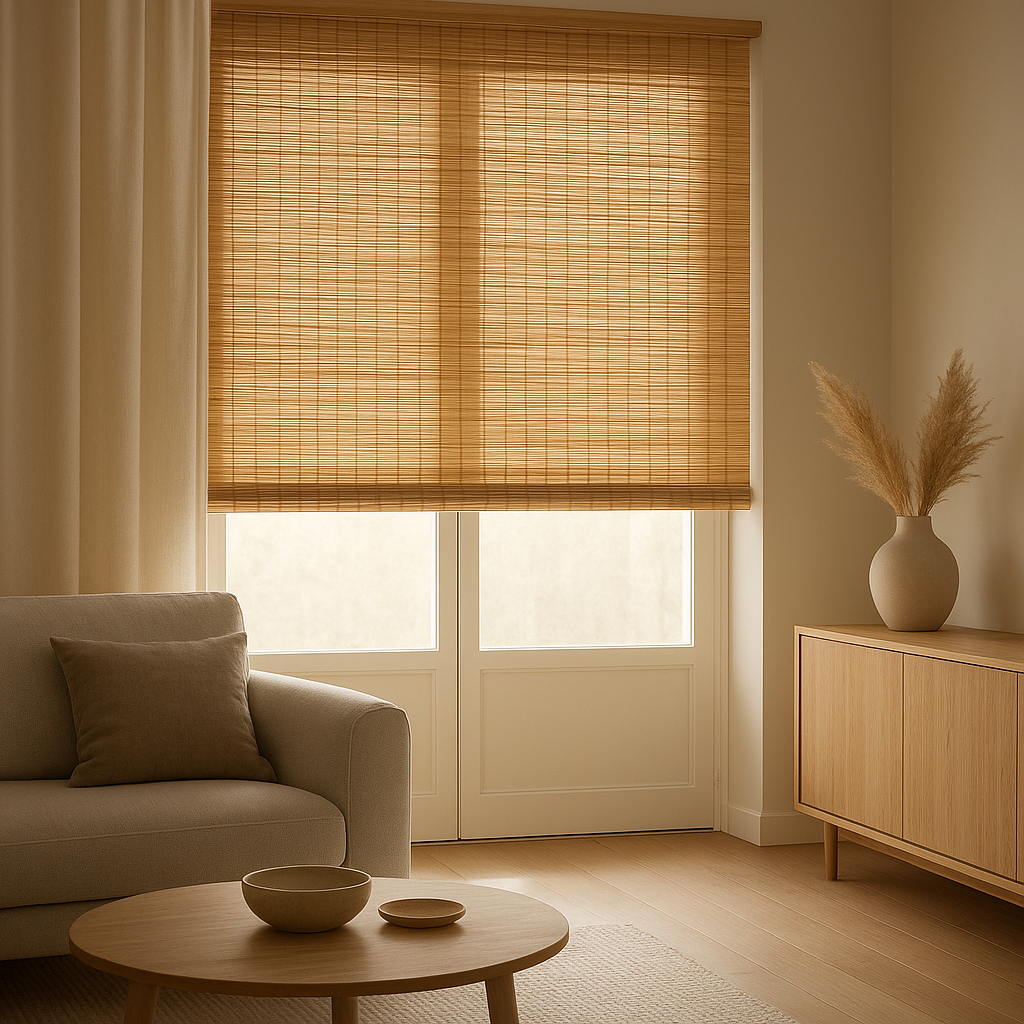 Rideau en bambou naturel pour fenêtre, store vénitien décoratif et brise-vue élégant.