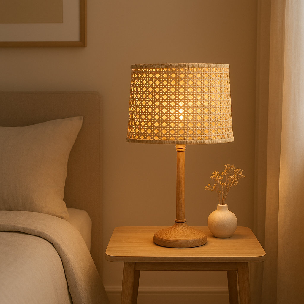 Lampe de chevet en rotin naturel, idéale pour une décoration d'intérieur bohème et chaleureuse.