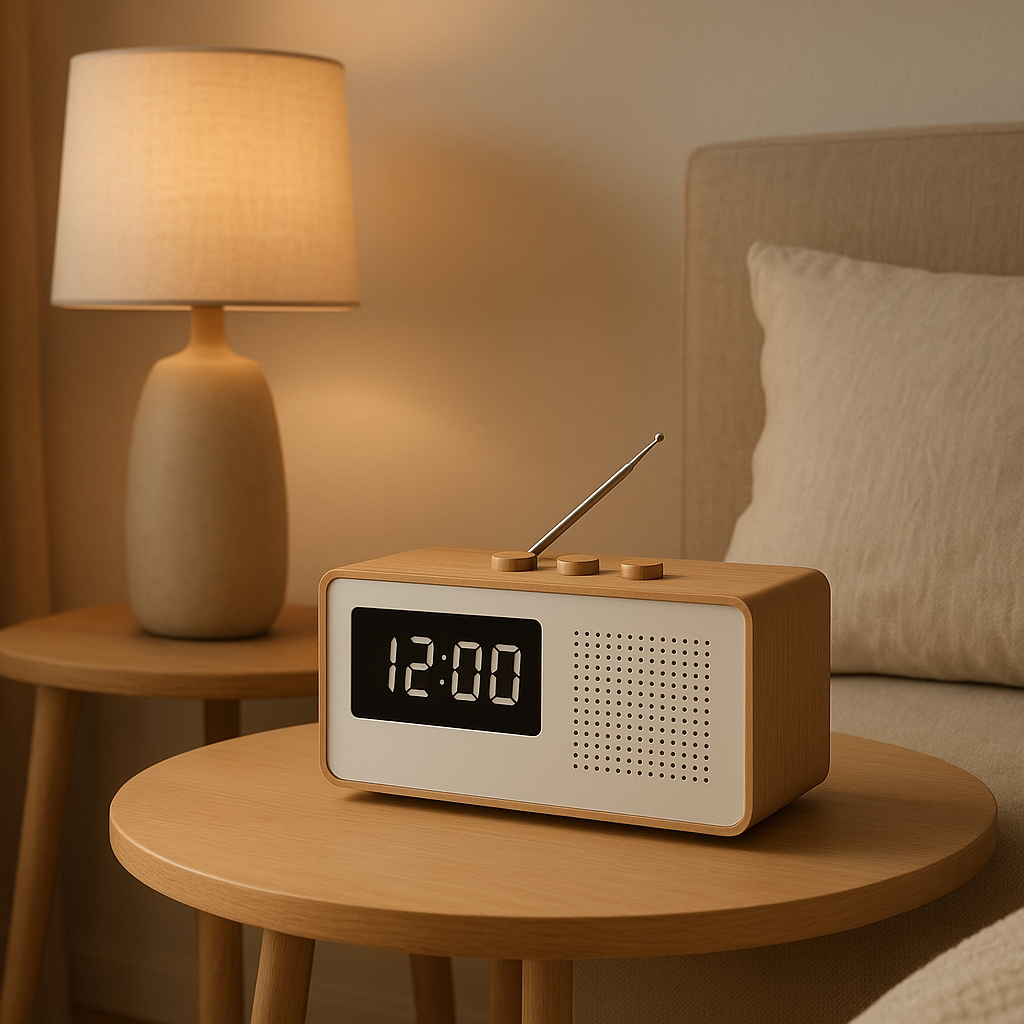 Réveil radio design rétro avec affichage numérique et bois clair pour une ambiance chaleureuse