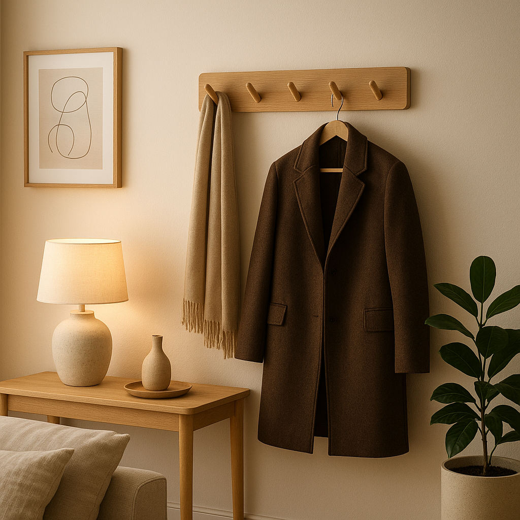 Porte manteau mural en bois naturel pour optimiser l'entrée avec style et gain de place.