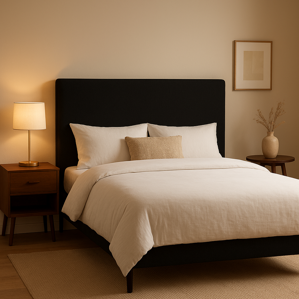 Tête de lit noire design en tissu pour chambre moderne et épurée