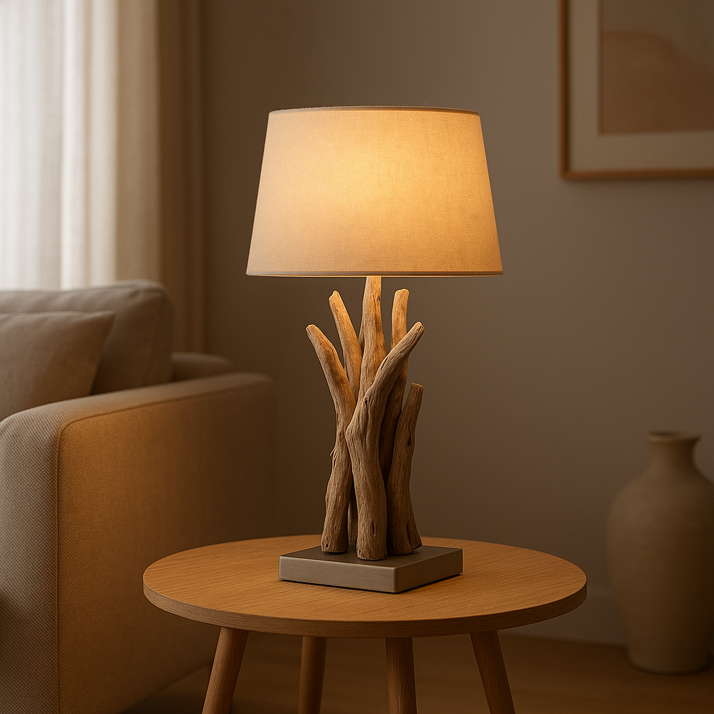 Lampe de chevet en bois flotté naturel, créant une ambiance apaisante et chaleureuse pour la chambre.