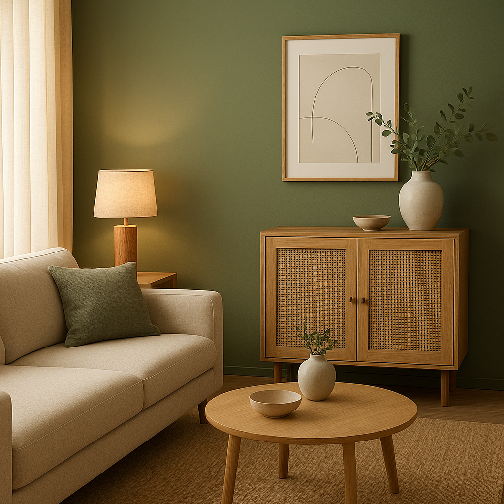 Décoration chambre verte apaisante avec des coussins, une couverture et des plantes naturelles